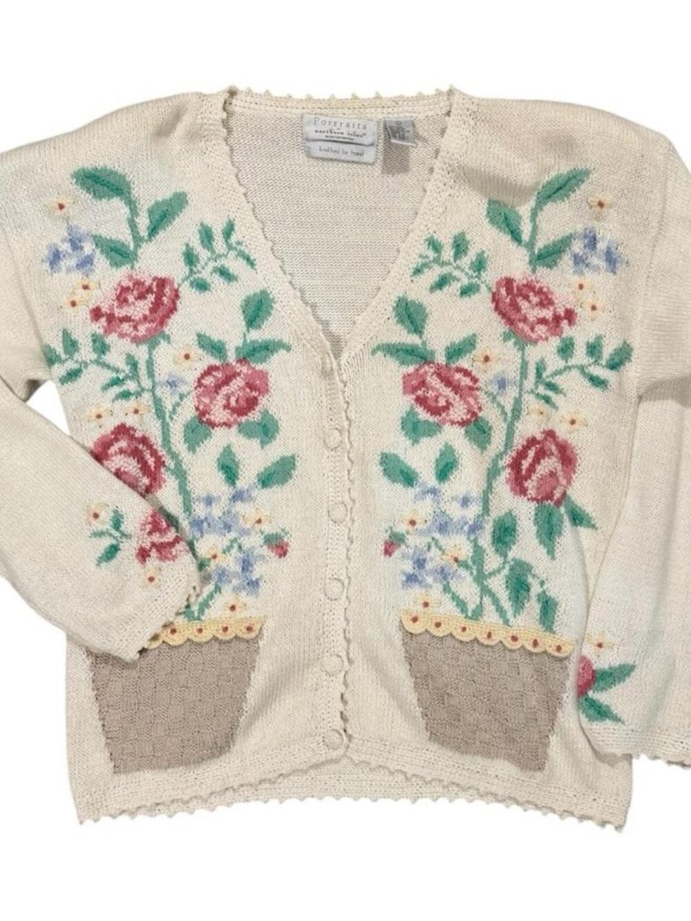 🌺 VTG Portraits Women’s RARE Floral Plants Cream Fall Pocket Cardigan Sweater L